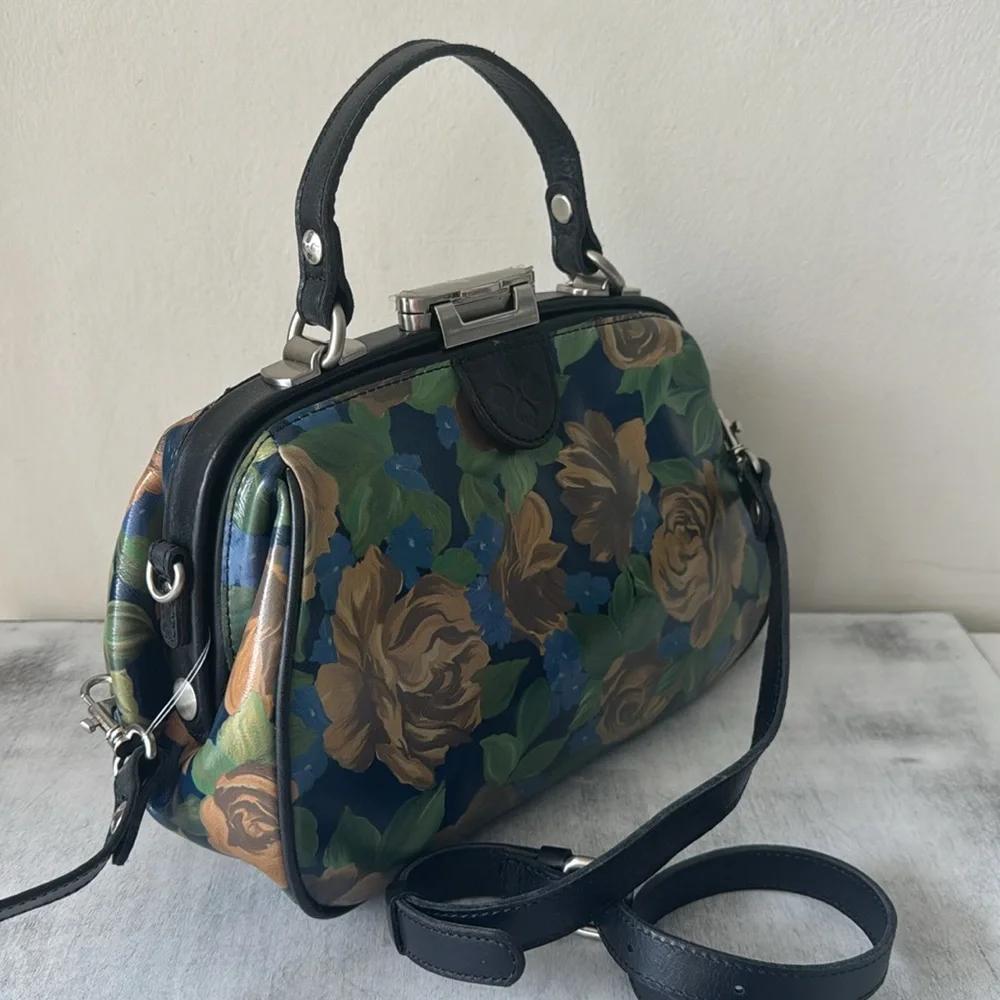 Patricia Nash Gracchi Frame Leather Blue Sky Rose Handbag Xbody Floral Blue